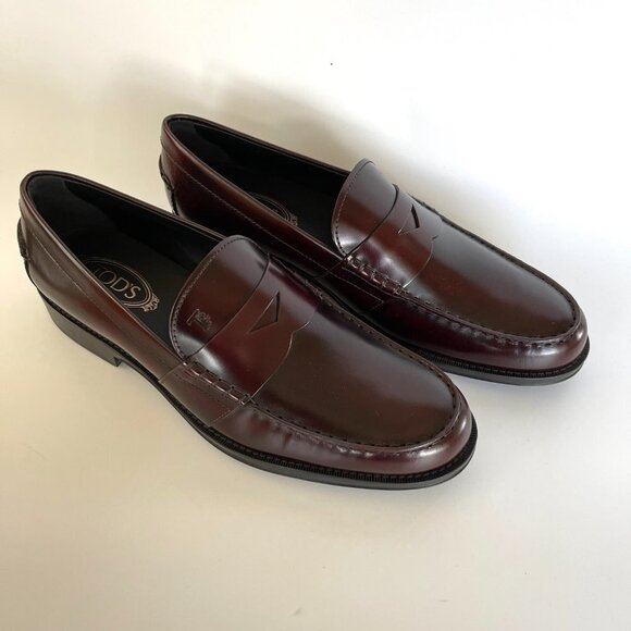 TOD'S ITALY BORDEAUX LEATHER LOAFERS SHOES, MOCASSINO COLLEGE GOMMA CLASSICO - Picture 2 of 15